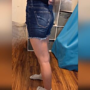 KanCan Dark Indigo Frayed Hem Denim Shorts